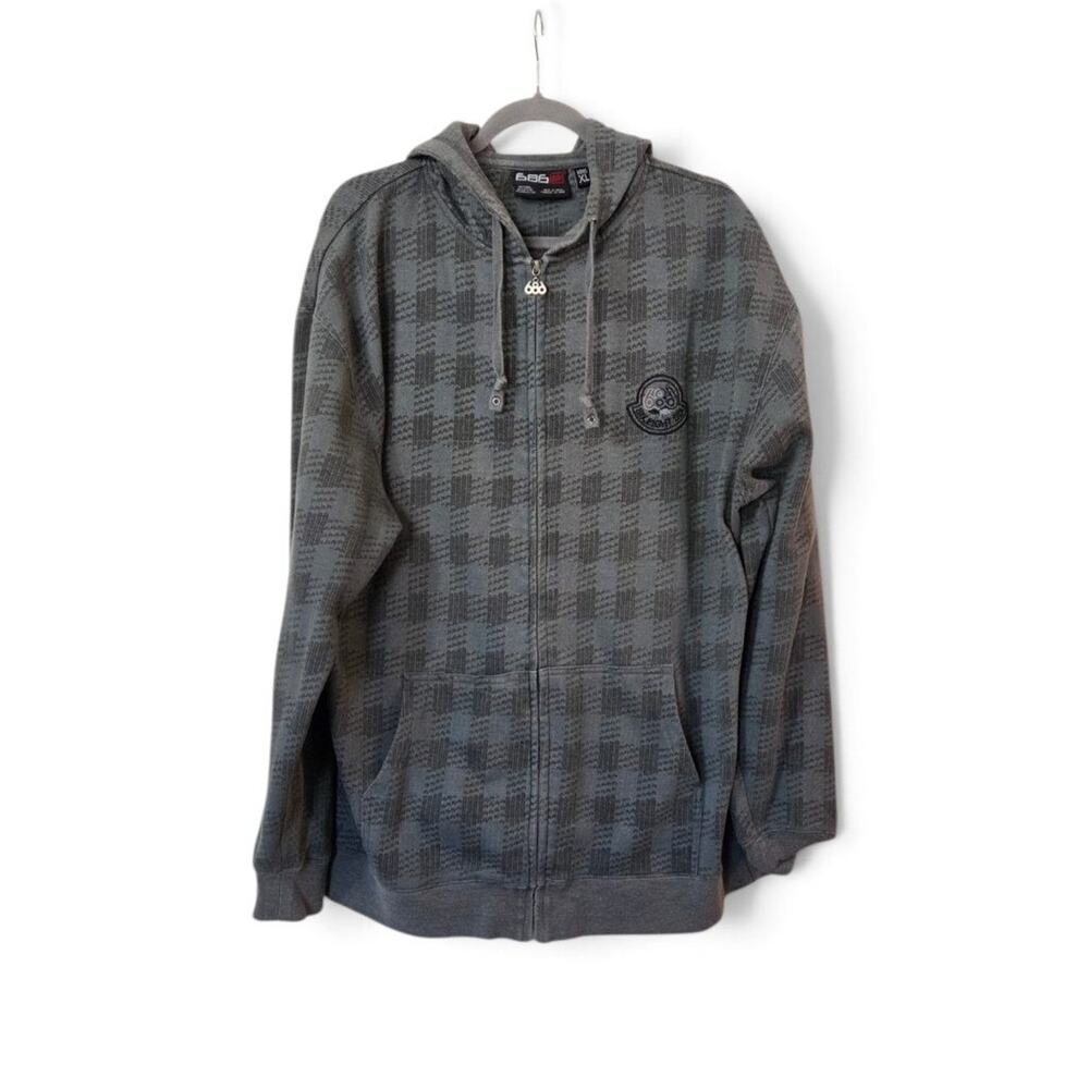 686 Six Eight Six Mens XL Gray Plaid Full Zip Hoodie Skull Logo Sweatshirt